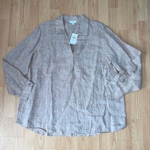 NWT J. Jill Tan 100% Linen Cuffed Long Sleeve V Neck Top / Blouse Size XL